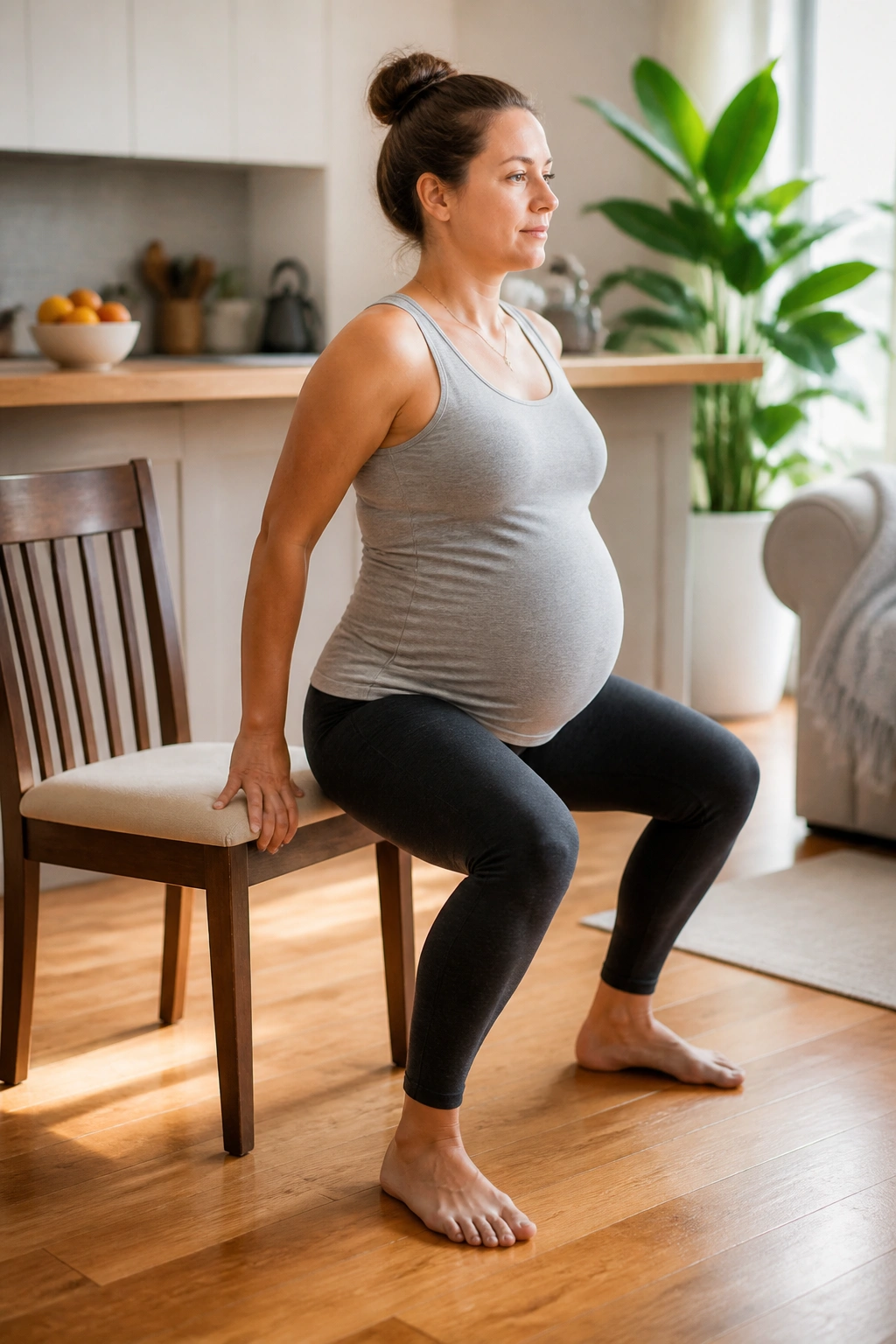Pregnant woman performing supported squats near a chair in a bright home setting.