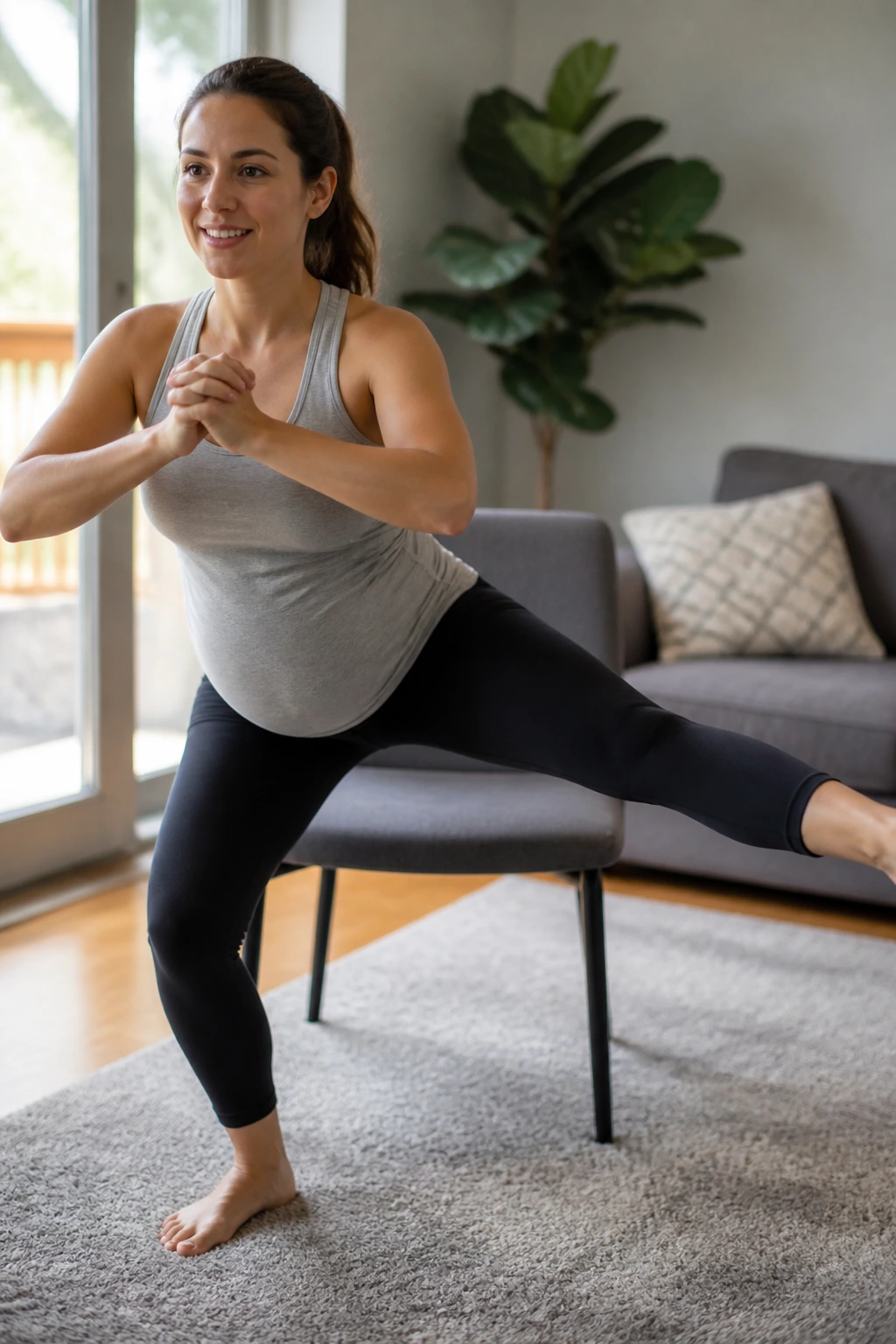 Pregnant woman squatting and lifting leg to the side at home