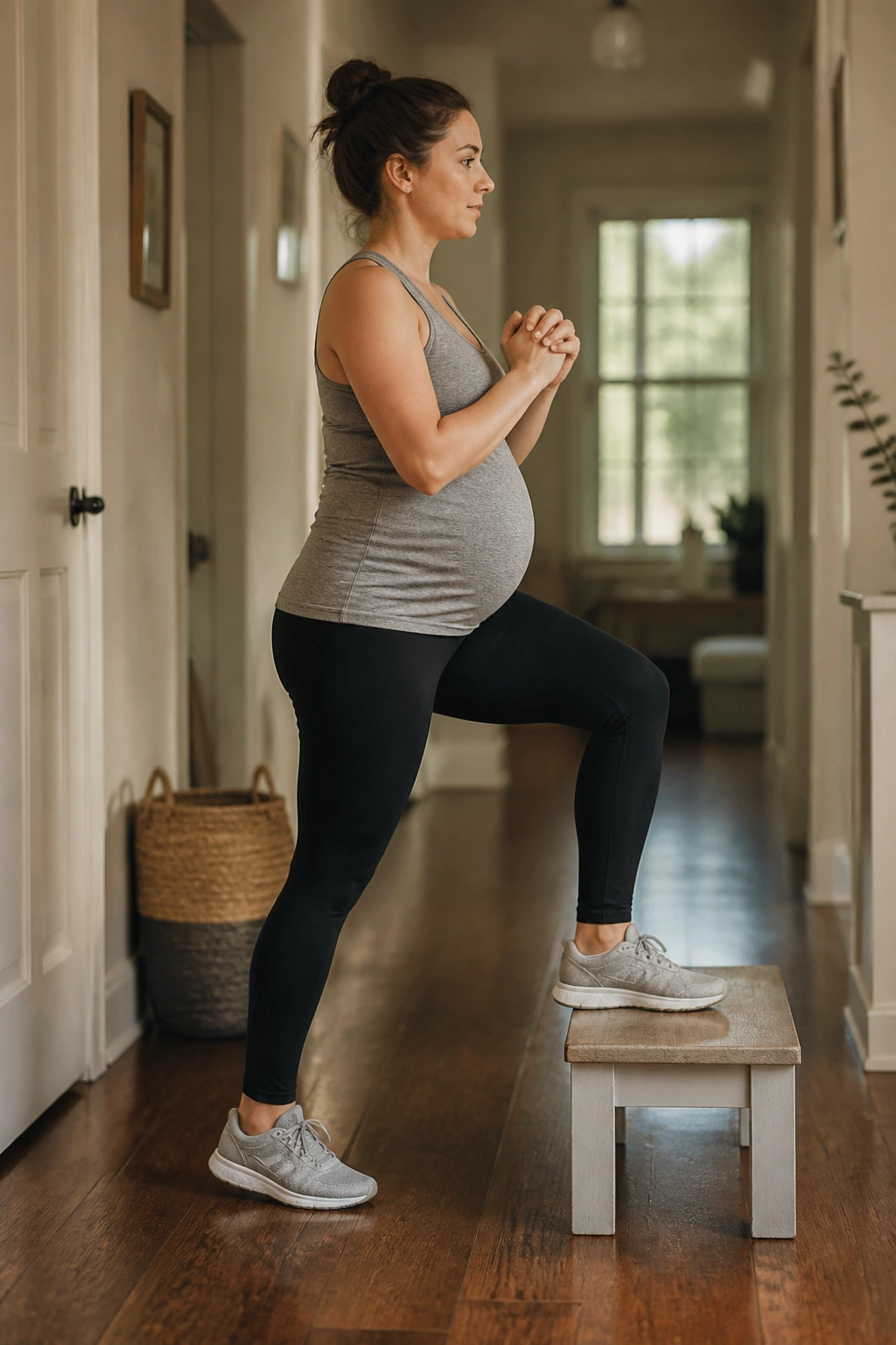 Pregnant woman stepping up onto a low bench with baby bump
