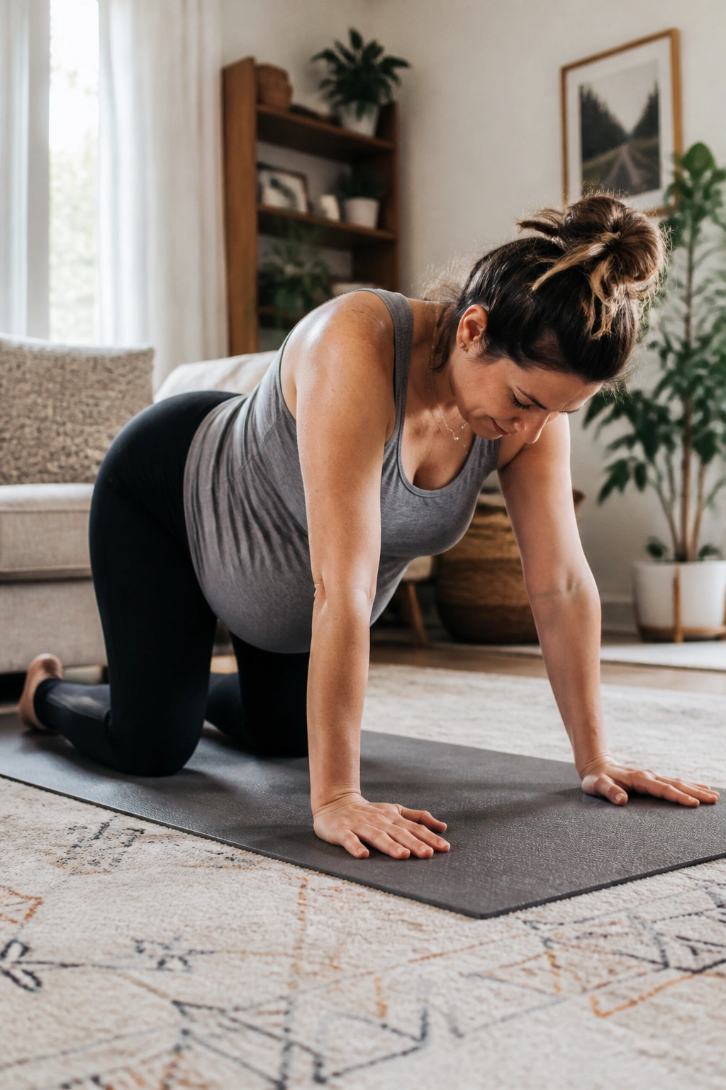 Pregnant woman on hands and knees performing rocking sequence on a mat