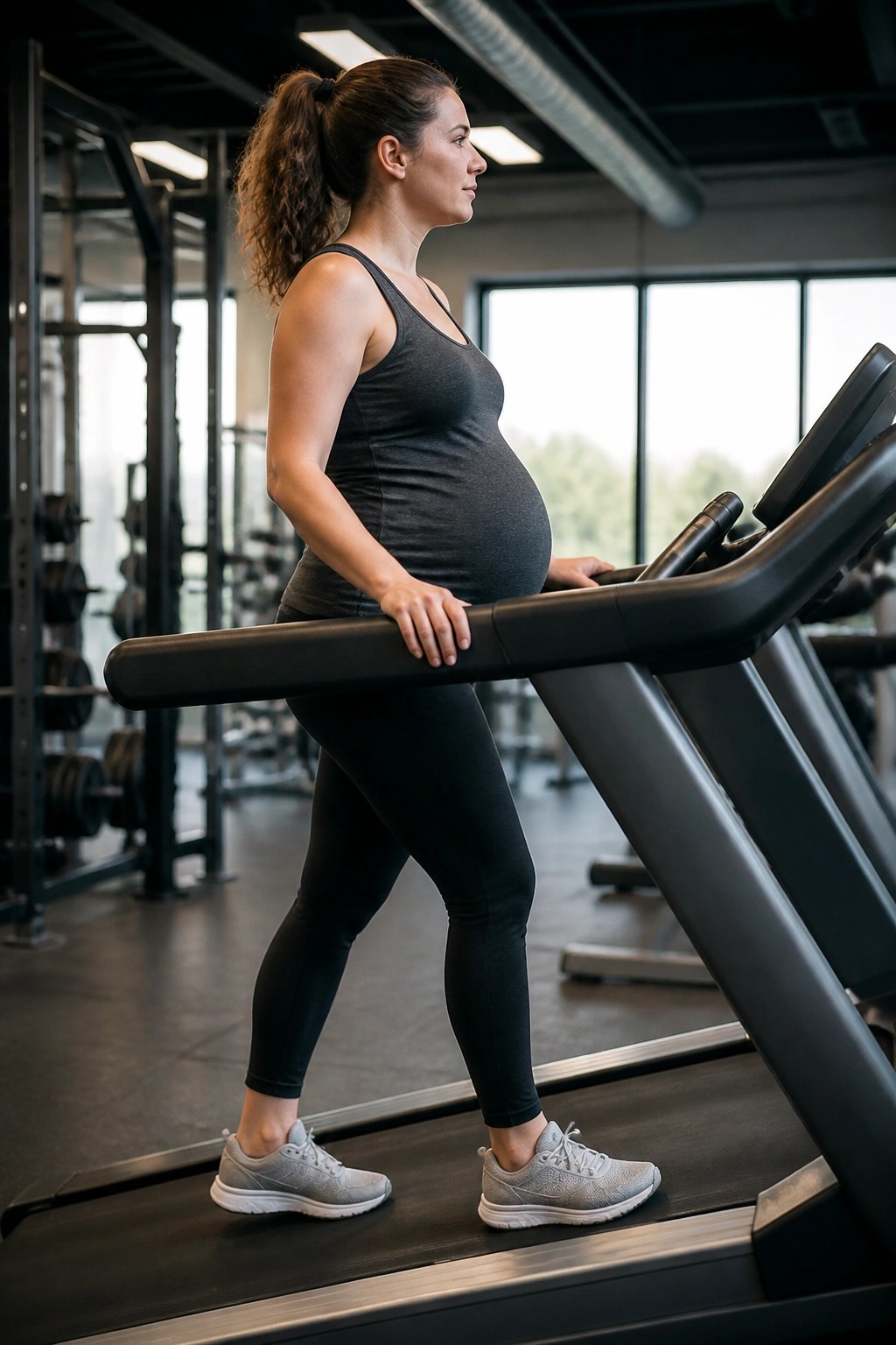 Pregnant woman walking on an incline treadmill in a gym