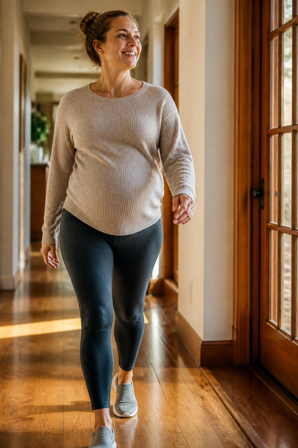 Close-up portrait of pregnant woman walking in a sunlit hallway, showcasing a gentle late-pregnancy walk.