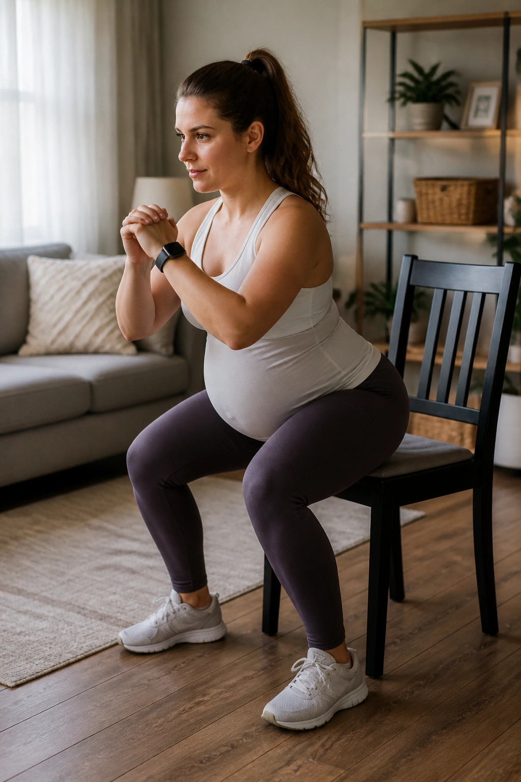Pregnant woman performing chair squats and hip hinges in a living room