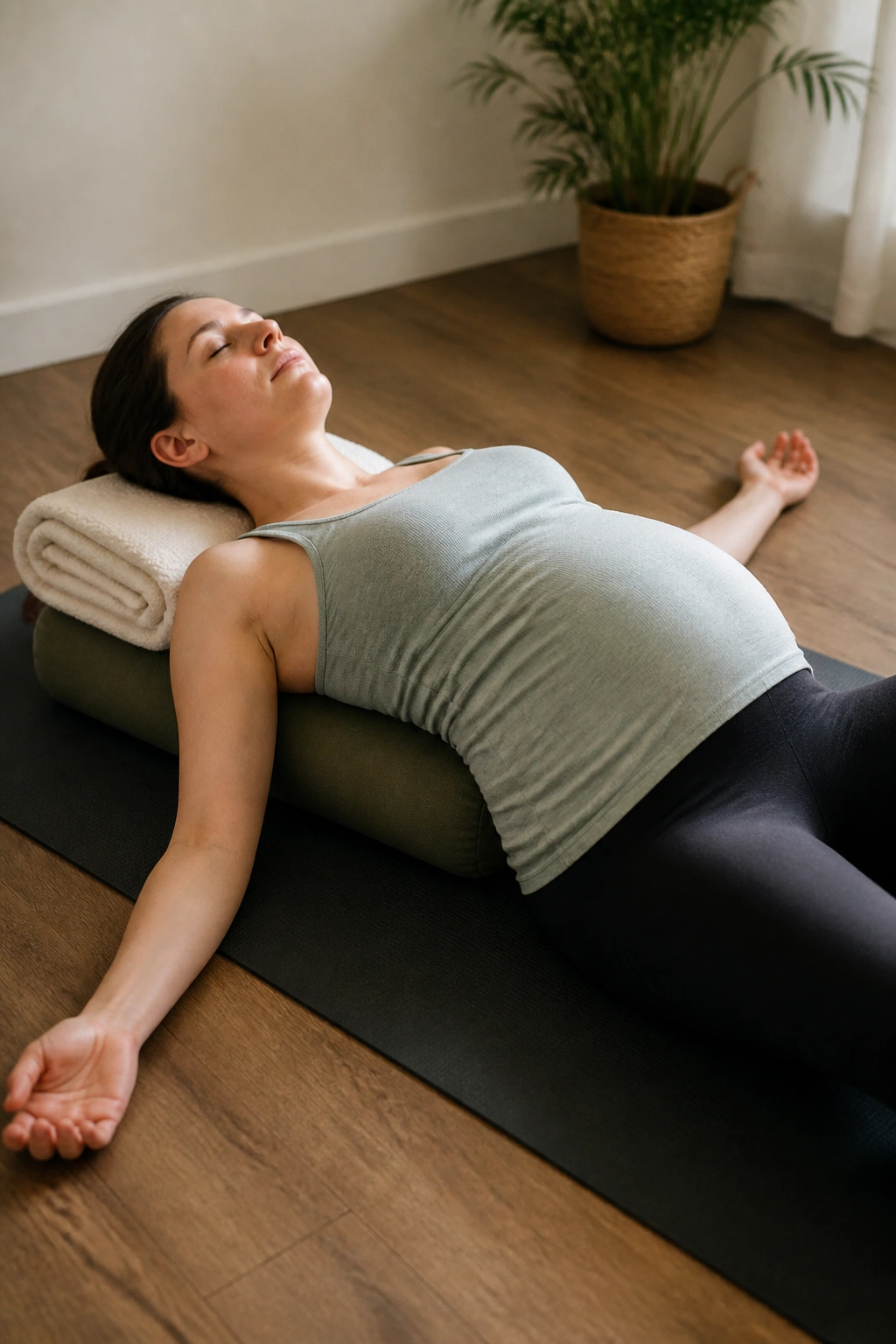 Pregnant woman softly opening chest on bolster