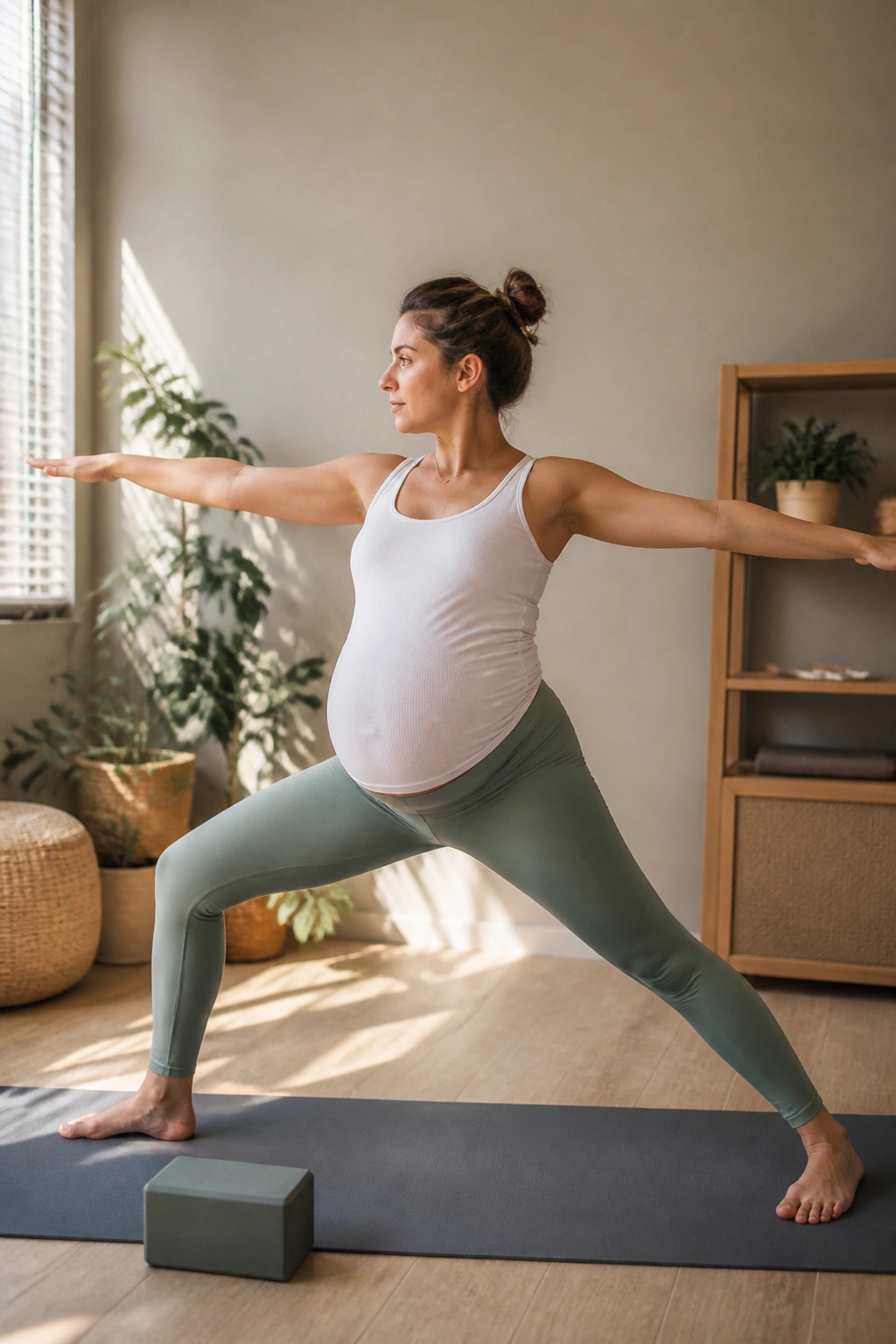 Pregnant woman performing a prenatal yoga pose