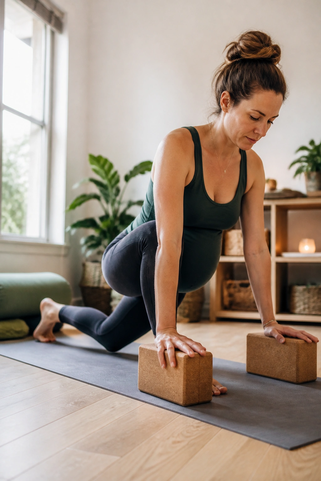 Pregnant woman in half-speed sun salutation on yoga mat with blocks, warm natural light