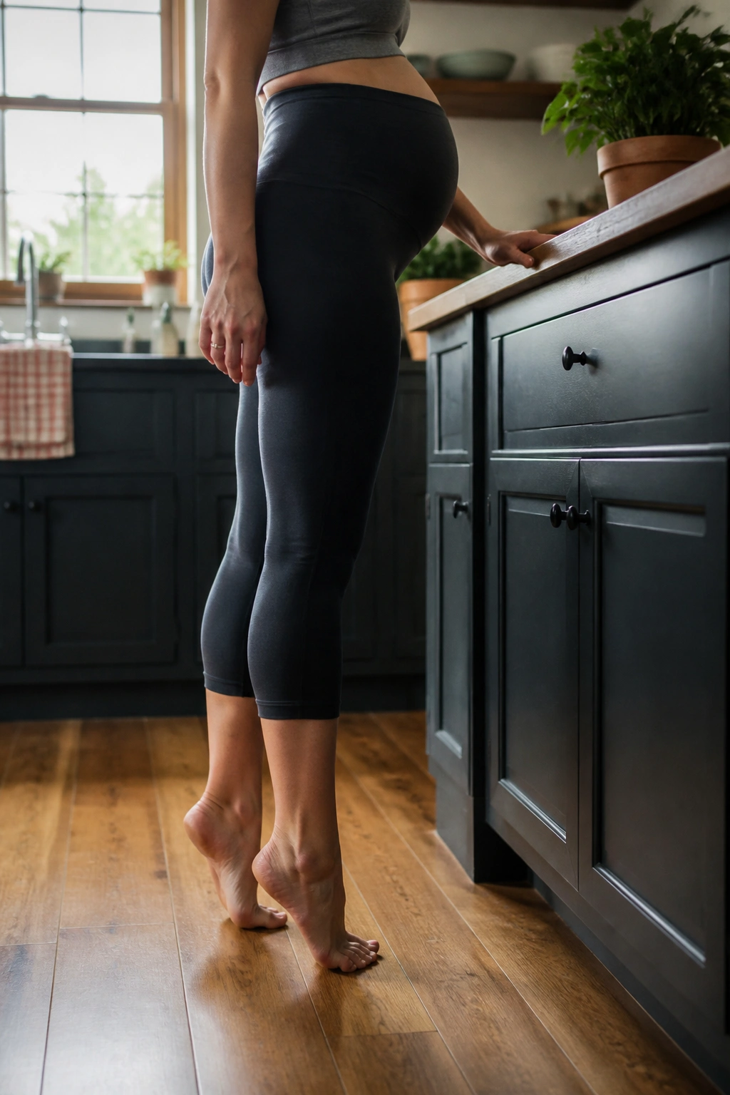 Pregnant woman doing countertop calf raises in a kitchen