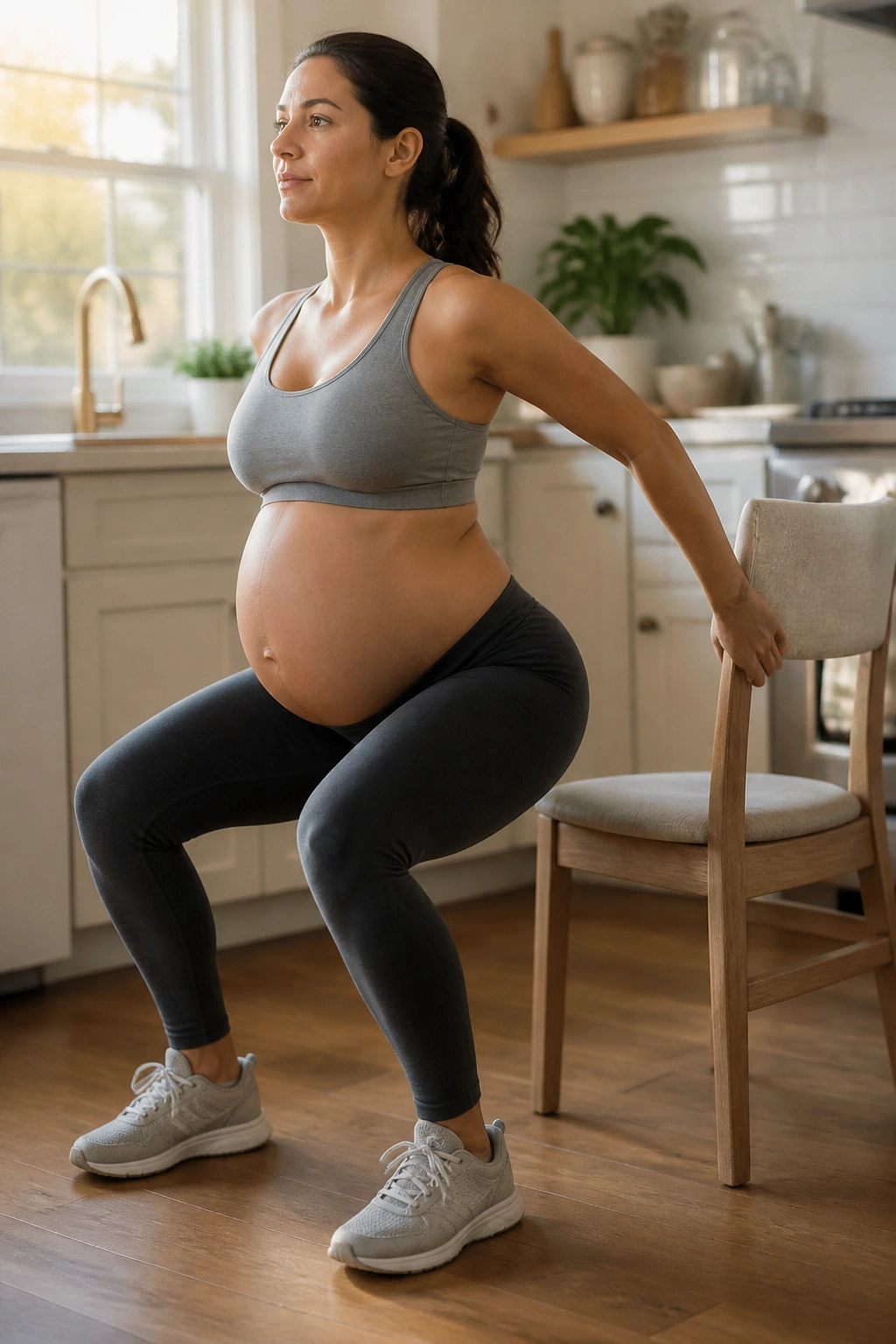Pregnant woman performing chair-supported squats in a cozy kitchen