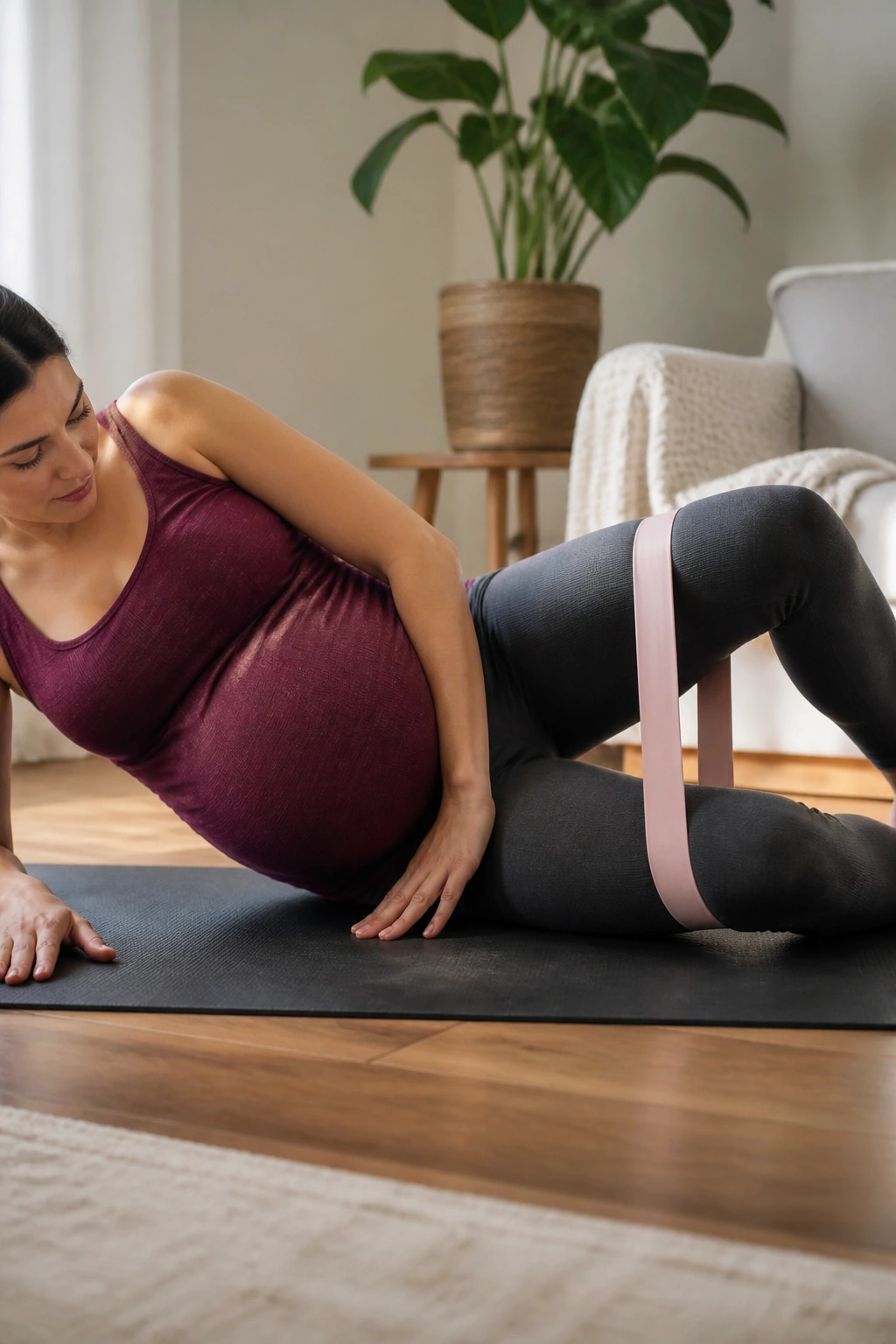 Pregnant woman performing side-lying clamshells on a mat