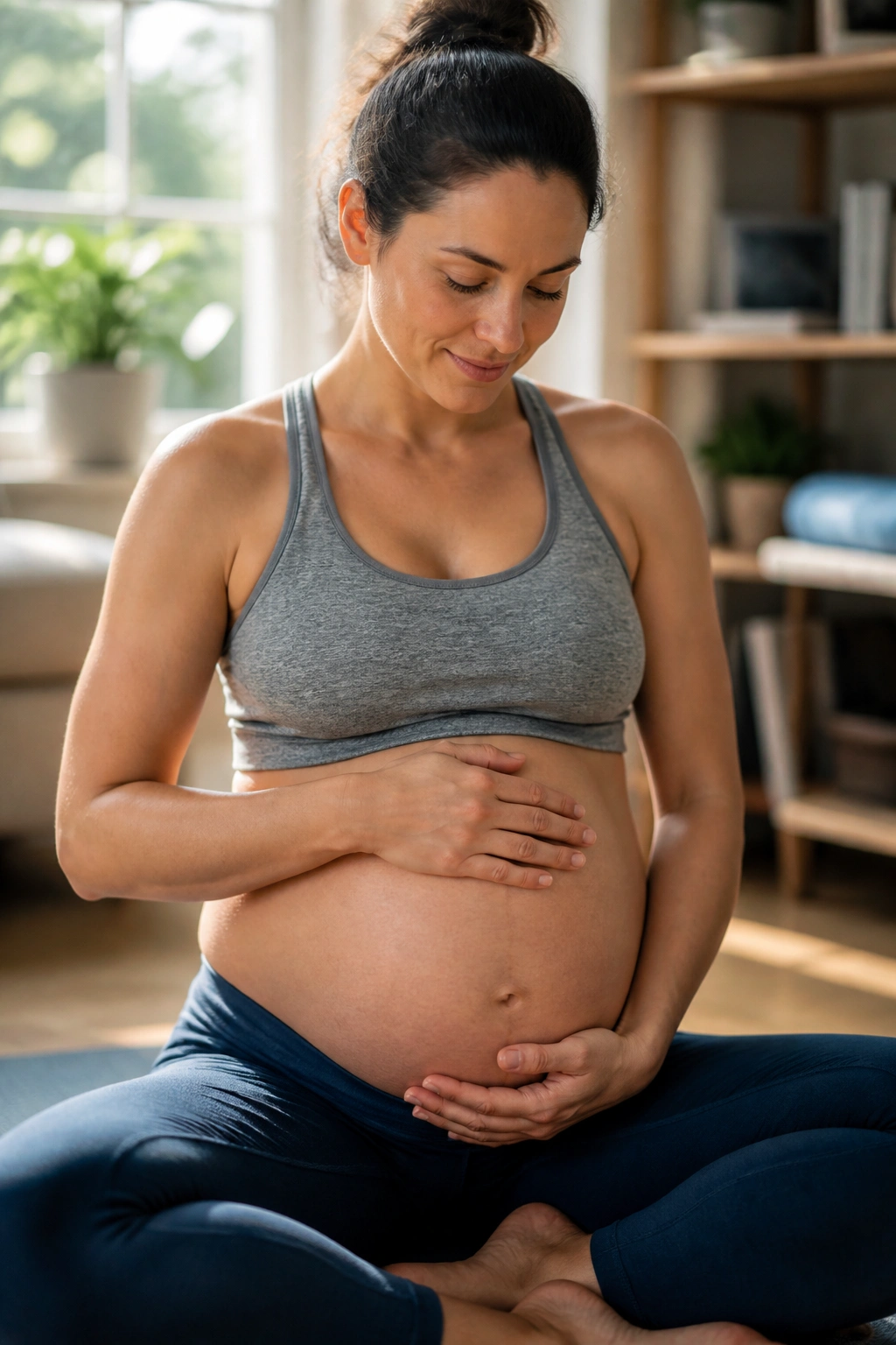 Medium close-up of a pregnant person exercising in a sunlit living room