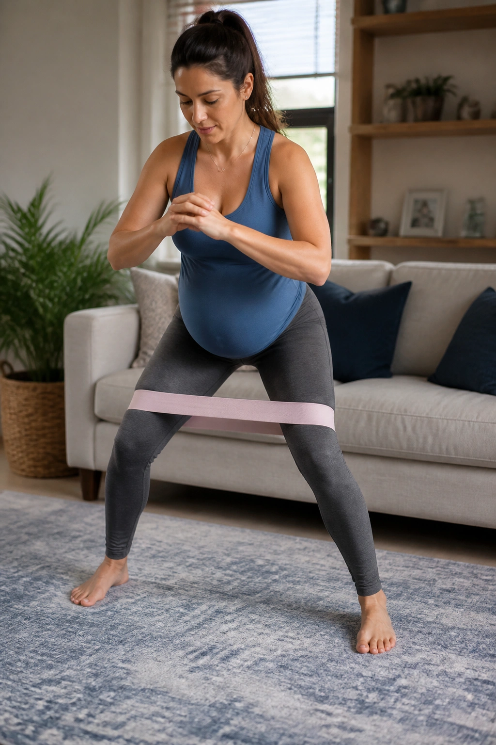 Pregnant woman performing banded lateral walks in a living room