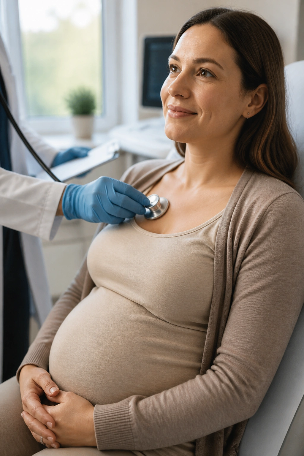 Pregnant patient at initial prenatal visit with clinician in background