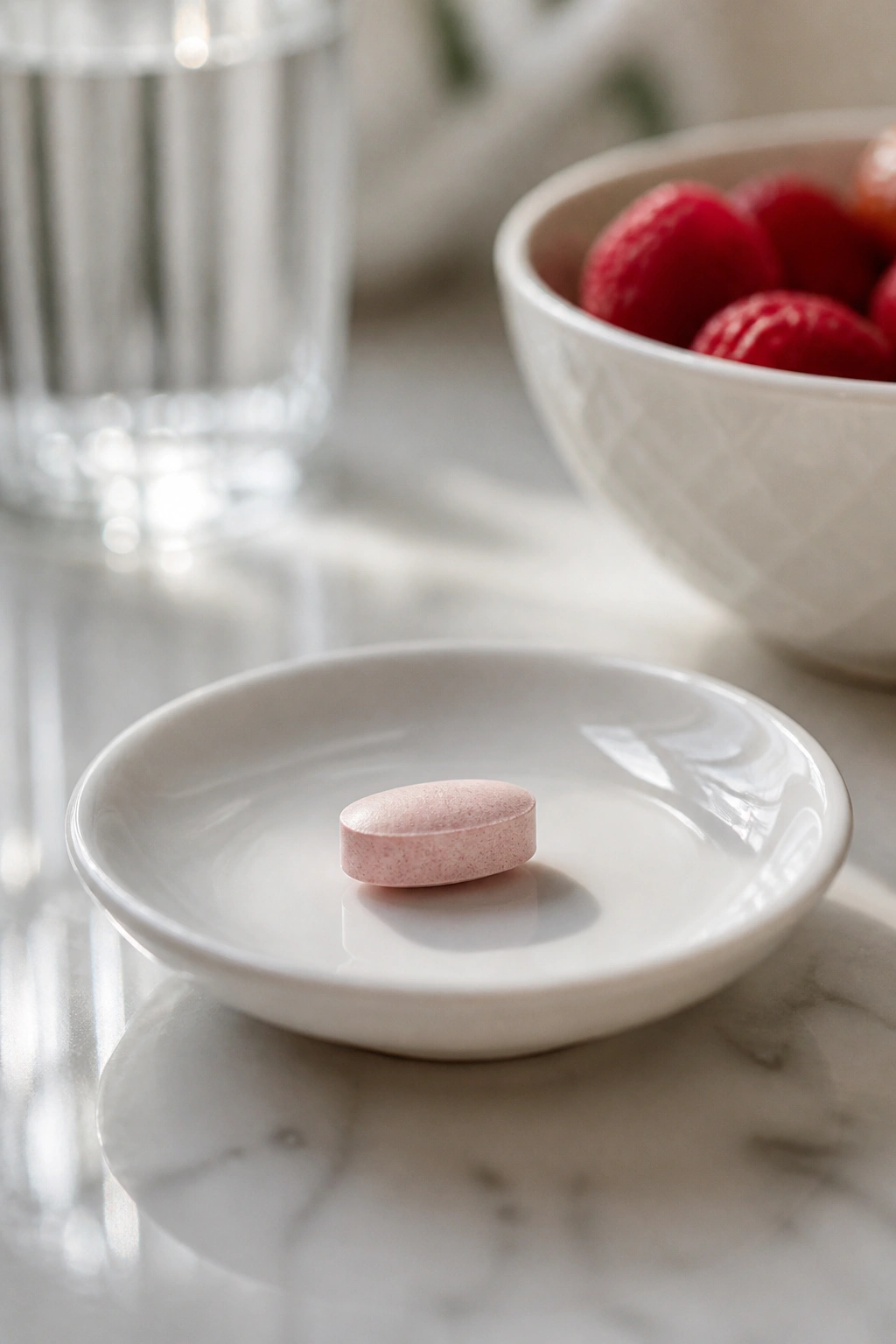 Prenatal vitamin tablet on a white dish in a kitchen setting