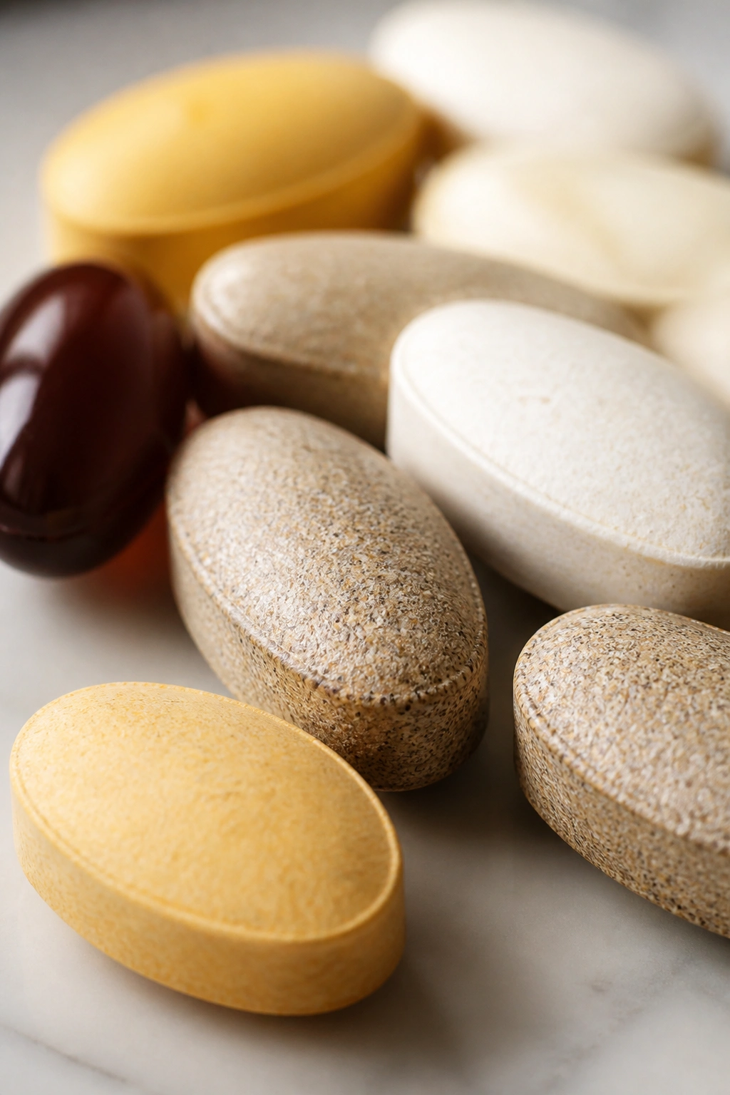 Macro close-up of prenatal vitamin tablets on a clean surface