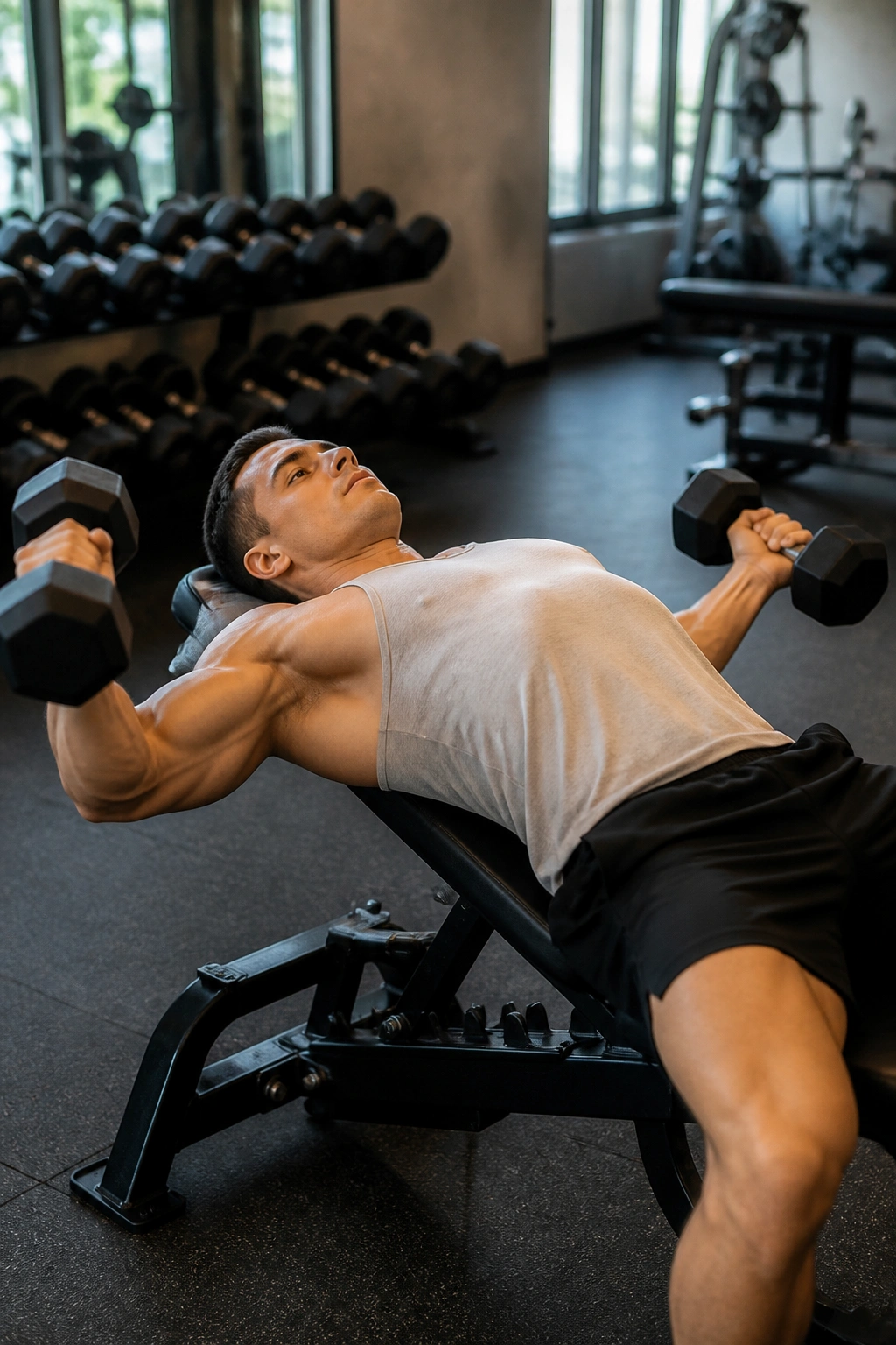 Lifter in transition between incline press and incline fly on low incline bench