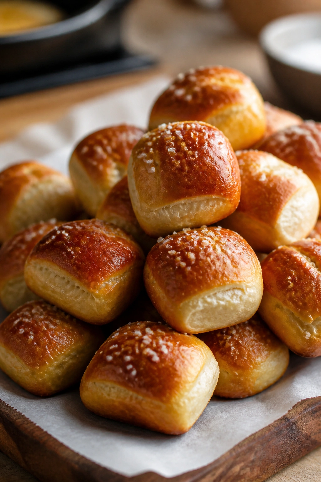 Close-up of soft pretzel bites with salt on parchment