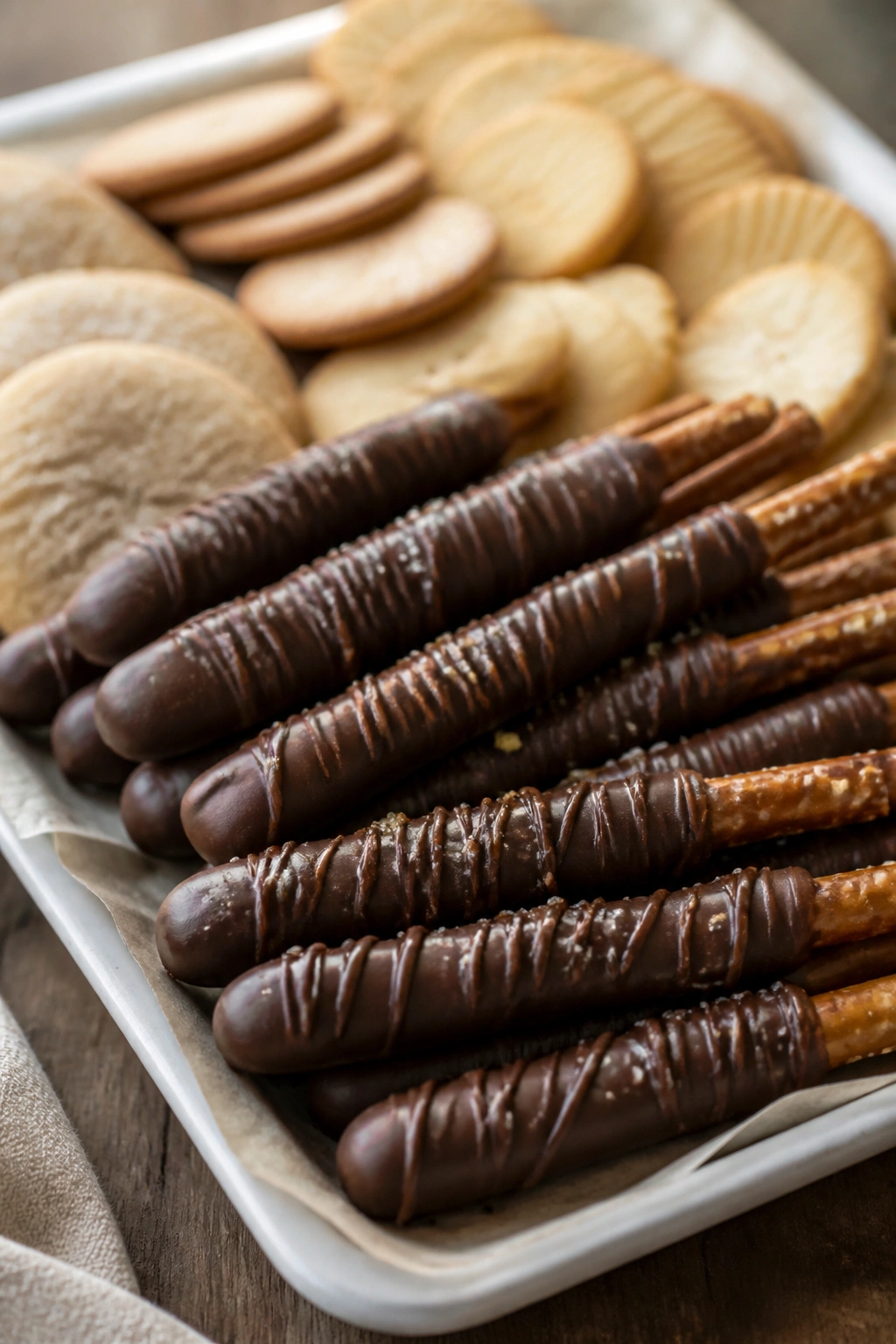 Platter of chocolate-dipped pretzel rods with tea cookies