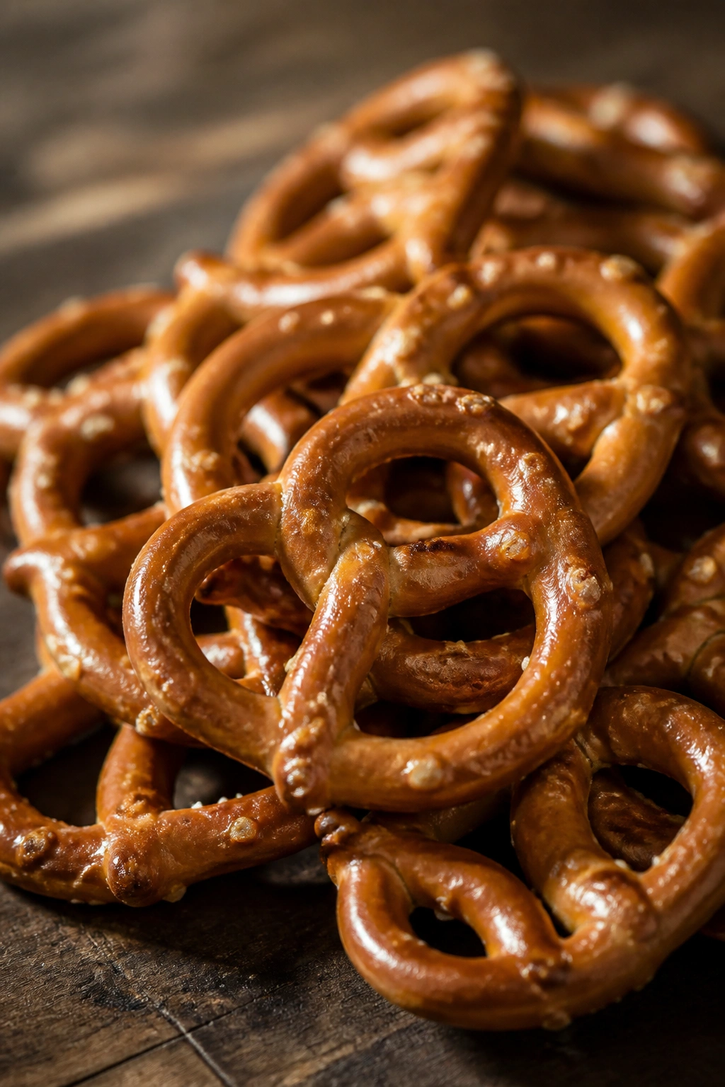 Close-up of a small pile of pretzels on a wooden surface