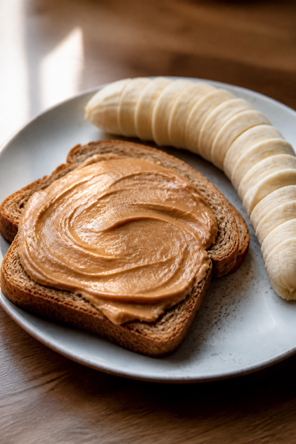 Plate with toast, peanut butter, and banana ready for pre-workout meal