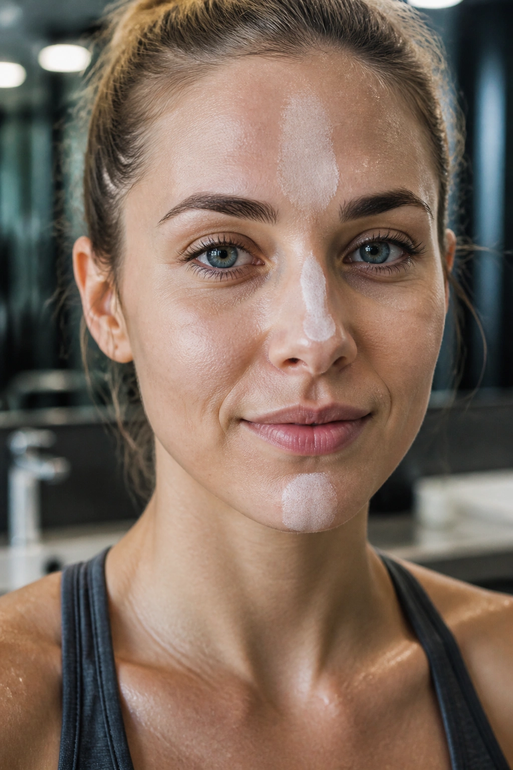 Close-up of face showing targeted primer on center zones during gym routine