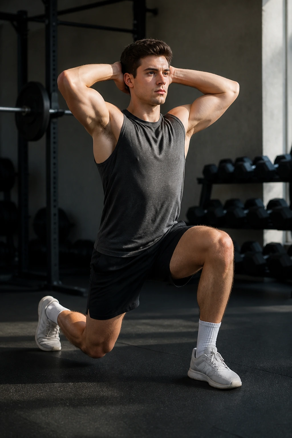 Real person performing prisoner lunge with hands behind head in gym
