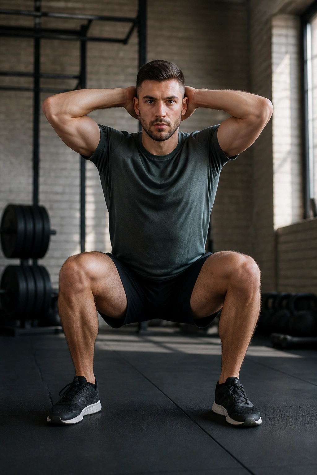 Medium close-up of person performing prisoner squat with hands behind head