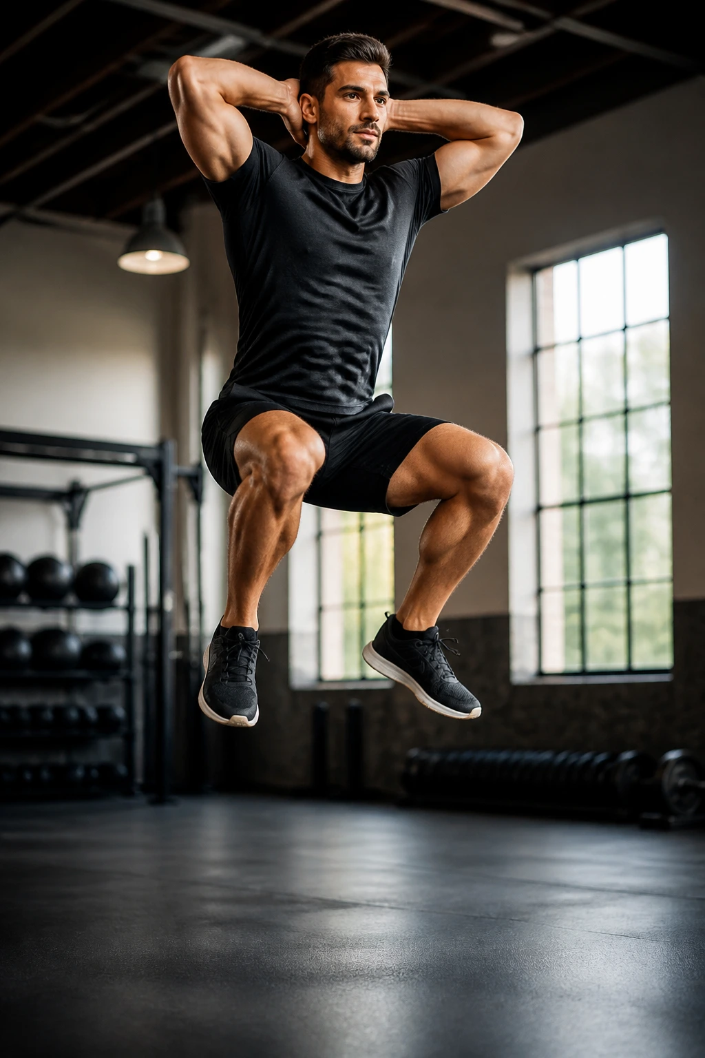 Athlete performing a prisoner squat jump with hands behind head