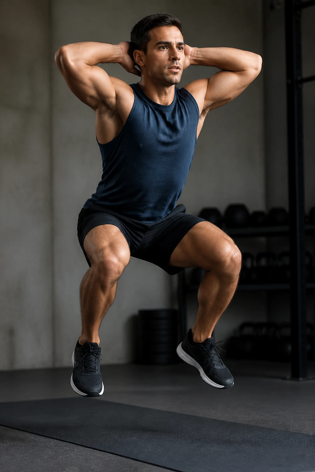 Person doing prisoner squat jump with hands behind head.