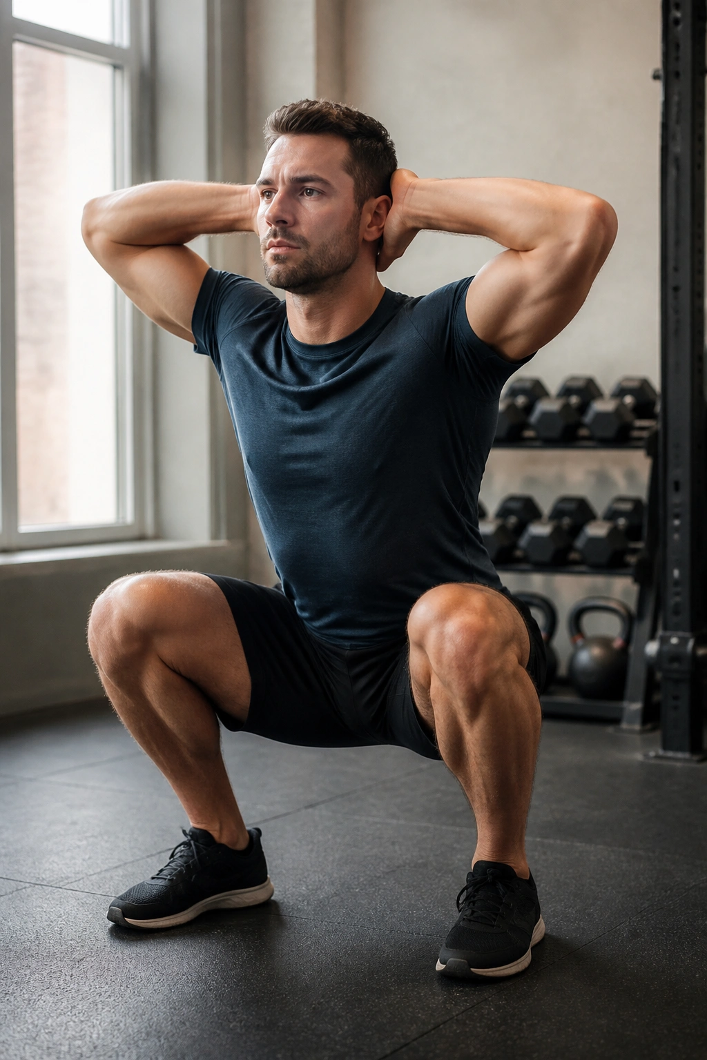 Close-up of a real person performing a prisoner squat with hands behind head in a gym