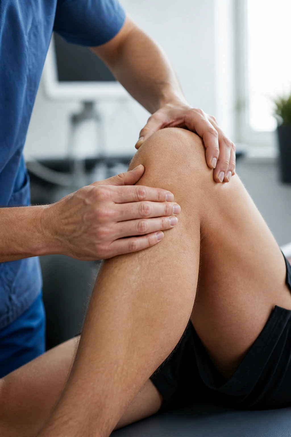 Knee exam with clinician guiding knee