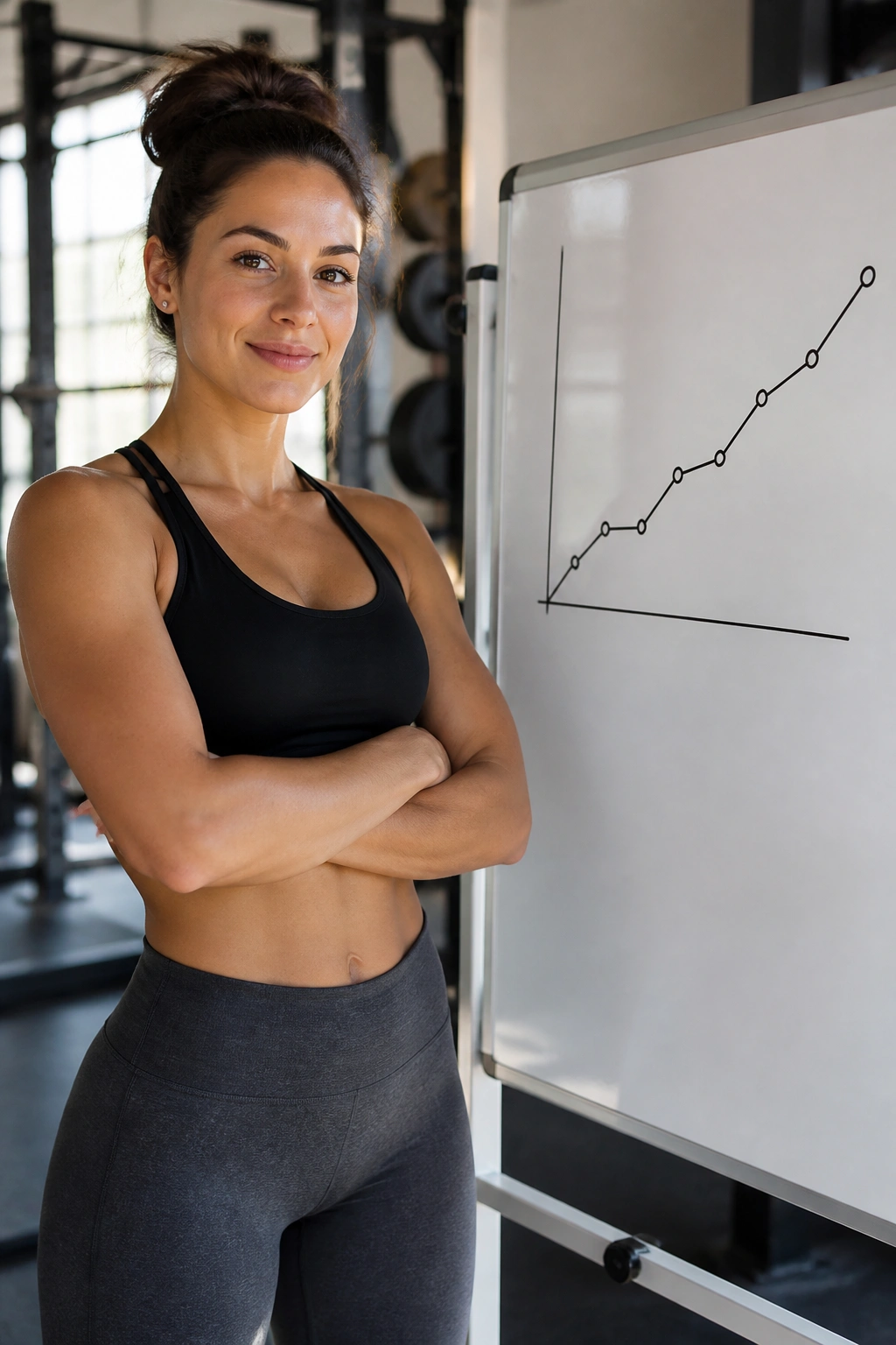 Person checking progress beside a line graph on whiteboard