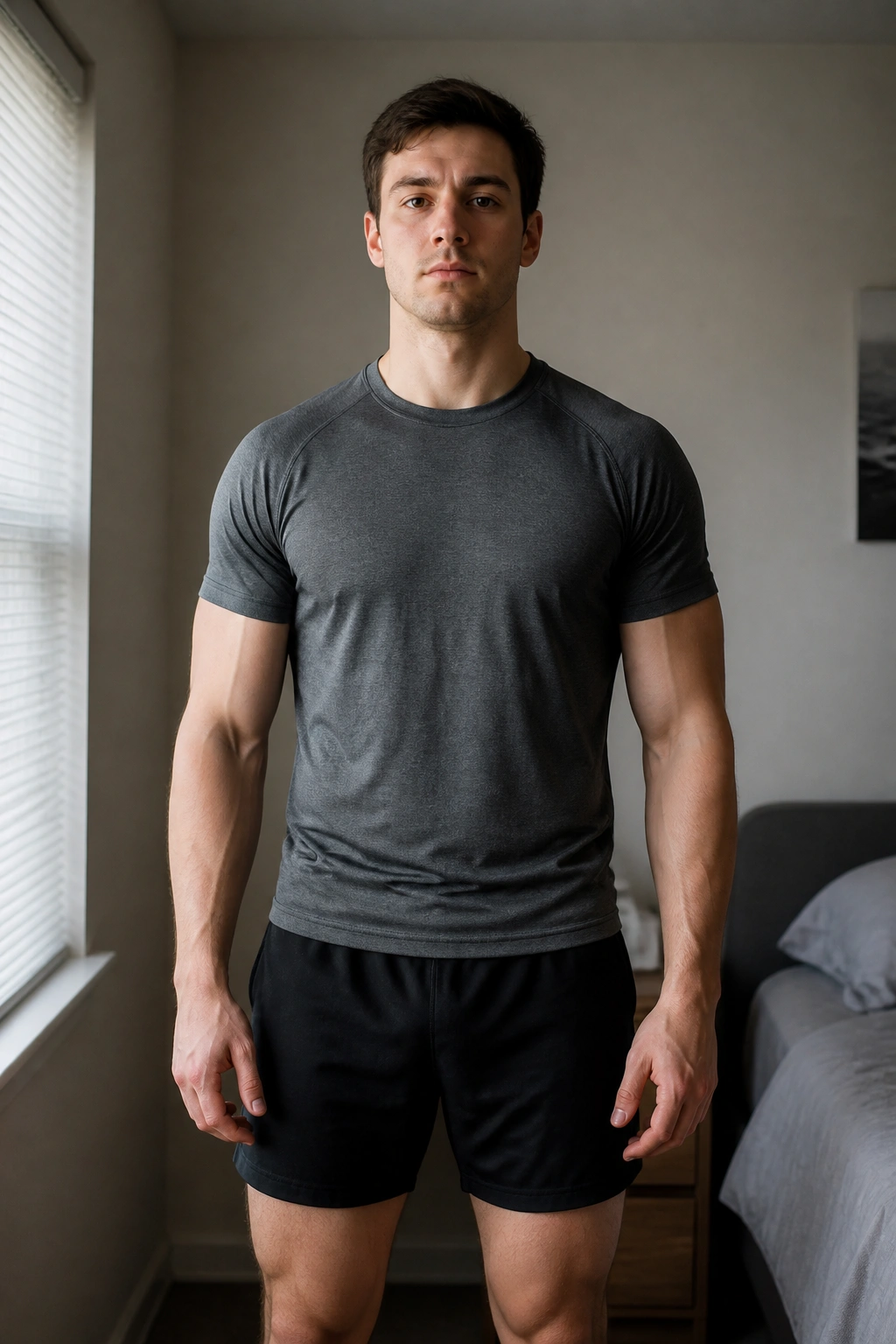 Close-up portrait of a person in a repeatable progress photo setup