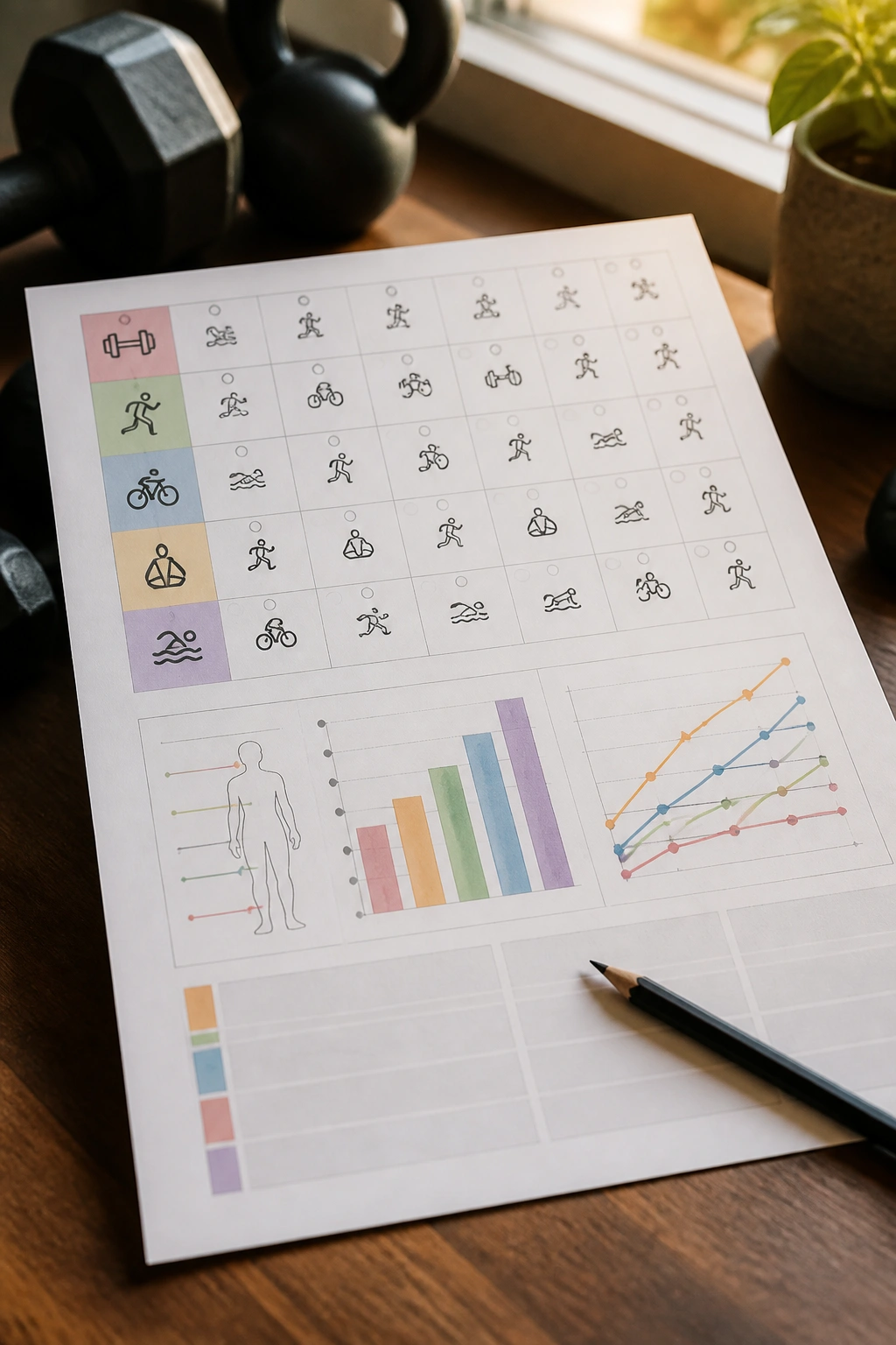 Close-up of a progress template page with training icons and abstract progress bars