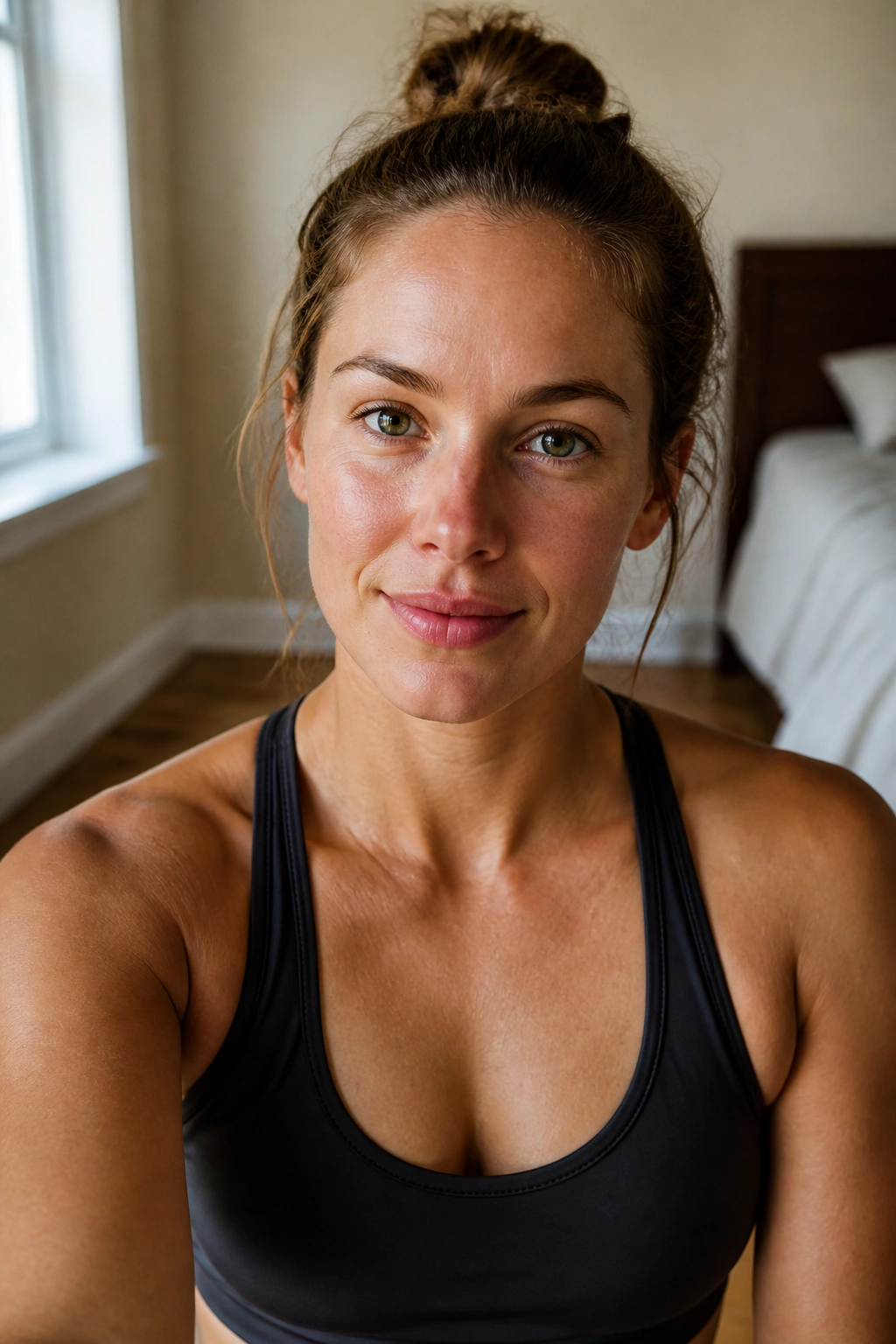 Close-up portrait of a real person in athletic wear in a bedroom with window light, demonstrating progress beyond scale