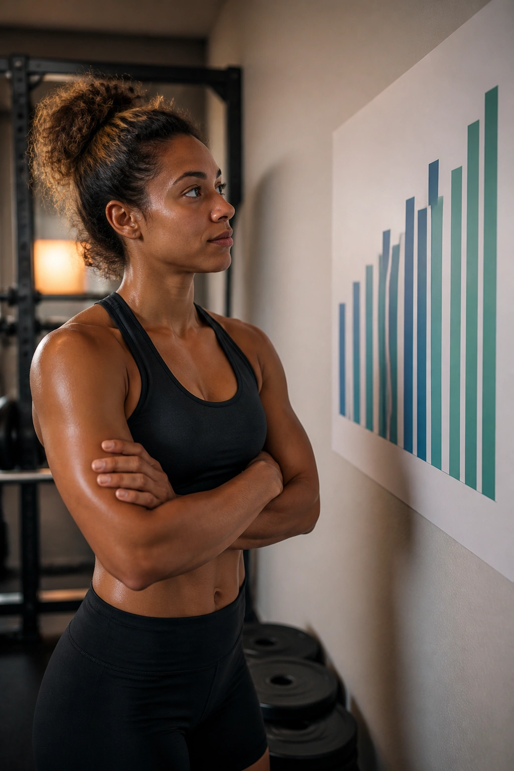Person studying an abstract progress chart on a wall in a gym/home setting.
