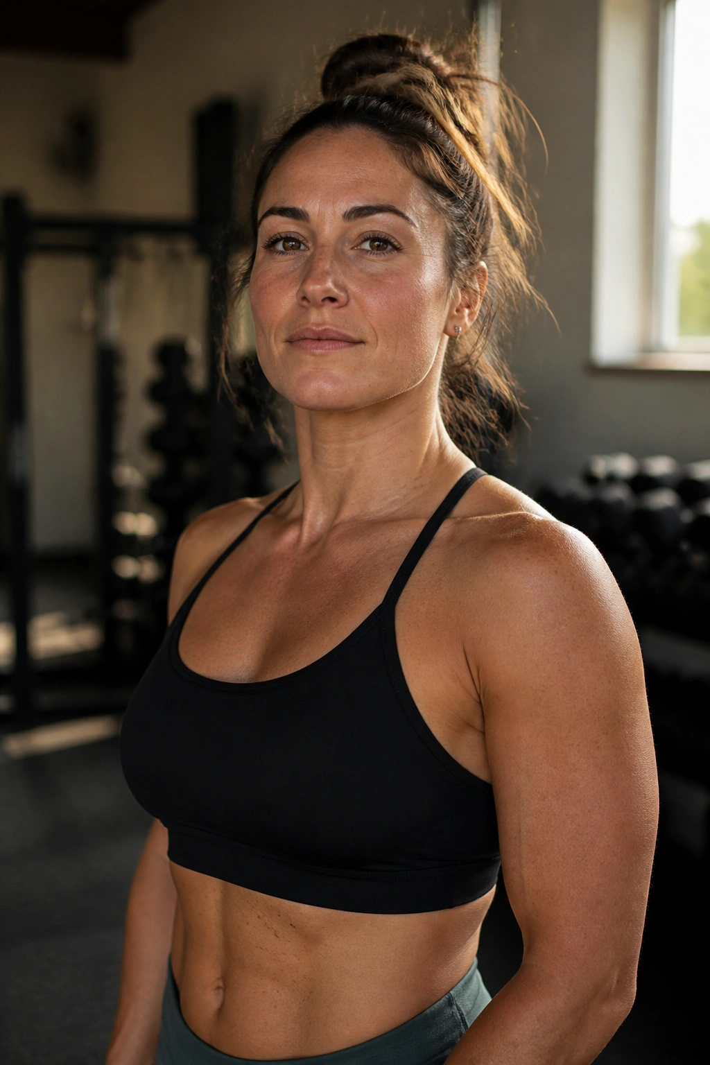 Portrait of a fit person in gym attire focusing on progress without mirror reflection