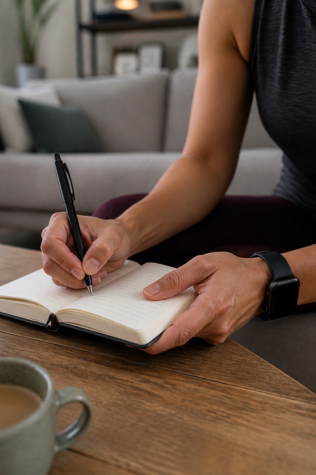 Hands writing in a notebook to track fitness progress without scales
