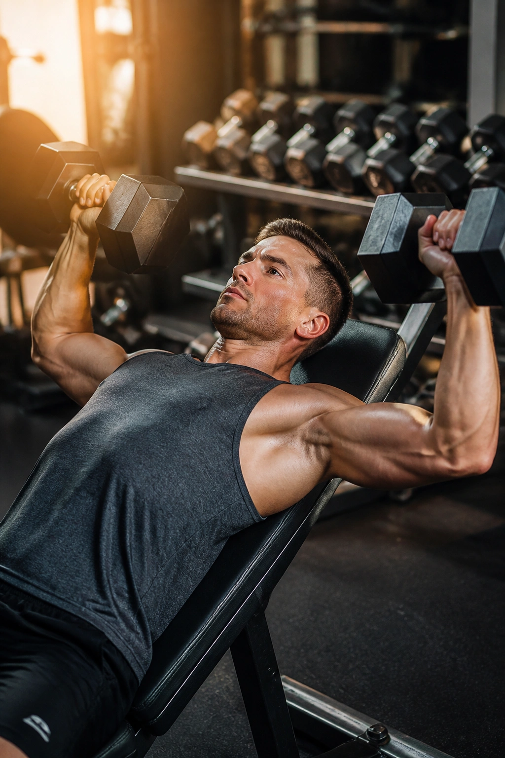 Lifter performing dumbbell press with visible lighter and heavier weights behind