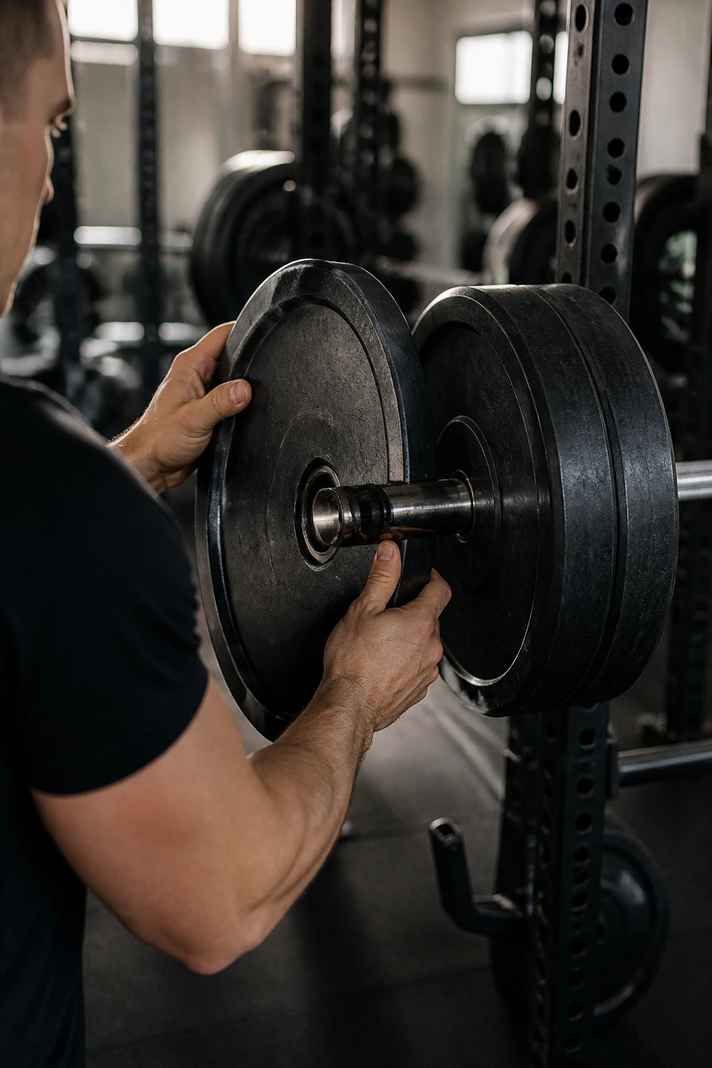 Hands adding weight plates to a barbell during a workout
