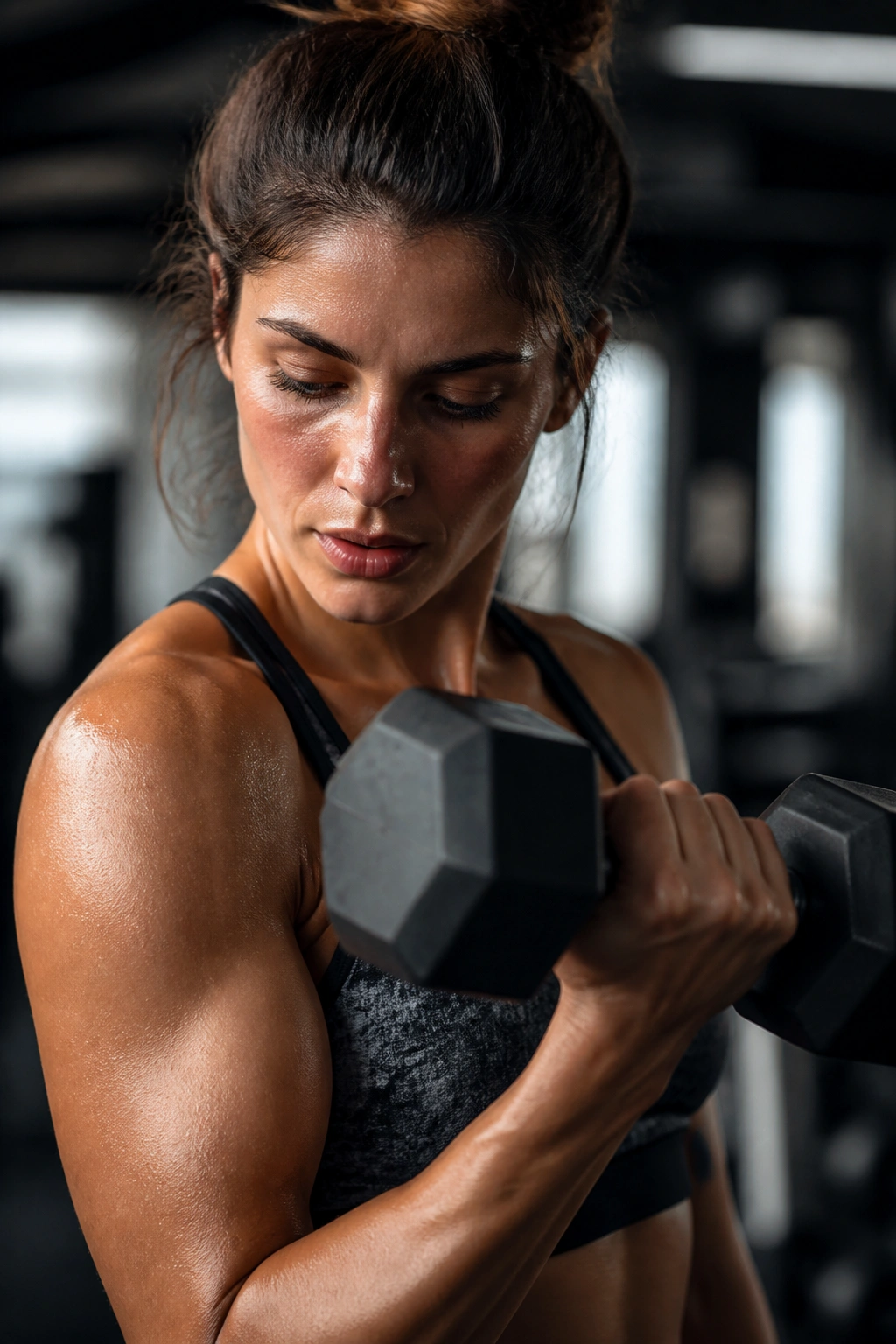 Person lifting a heavier dumbbell with focused expression