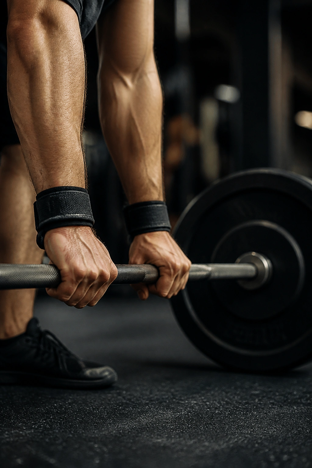 Lifter's forearms gripping heavy barbell during overload training