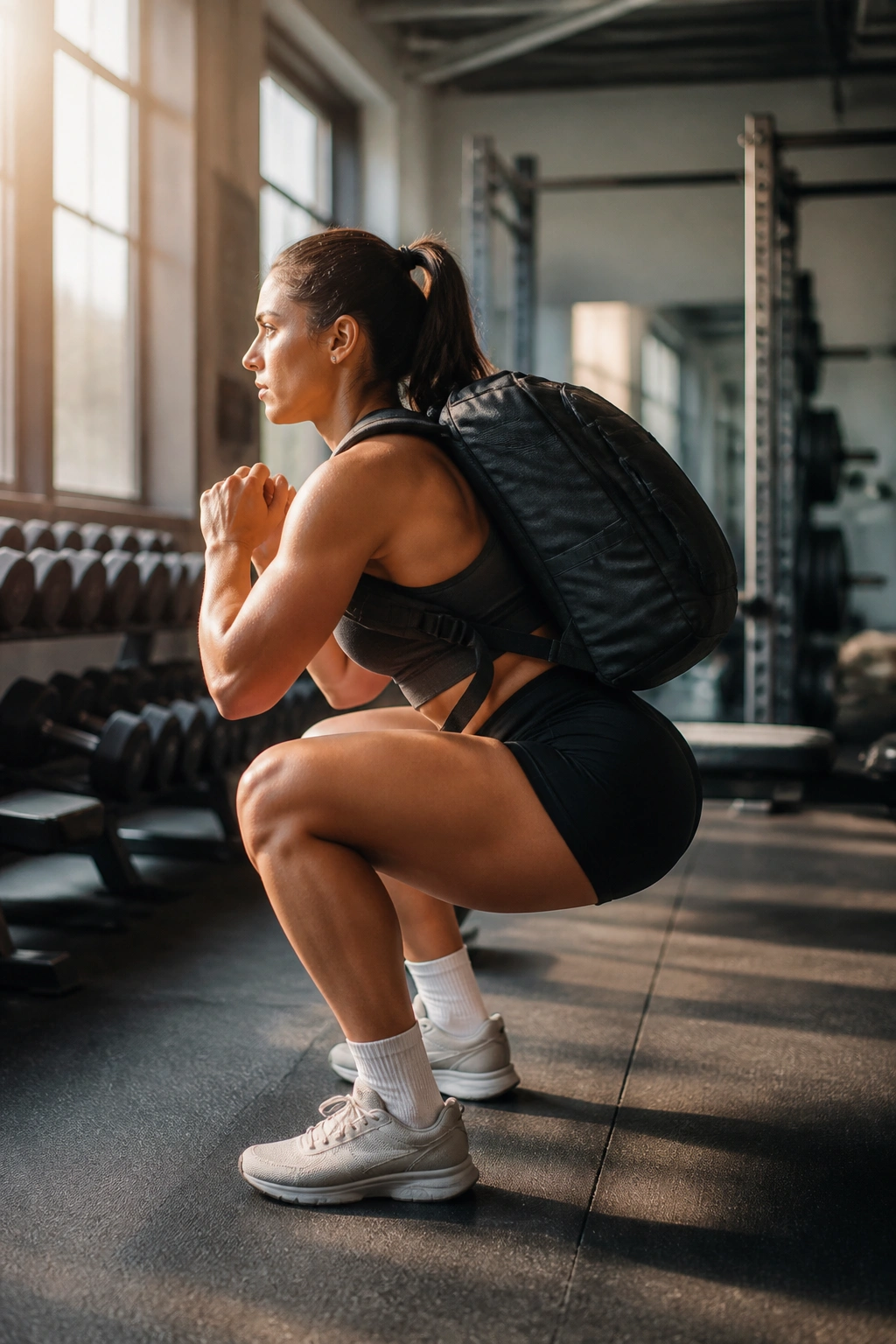 Side view of a person squatting with added load to illustrate progressive overload