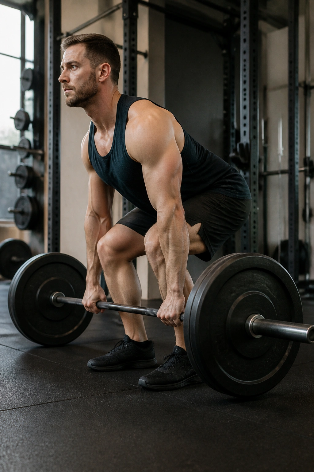 Person performing a barbell deadlift in a gym