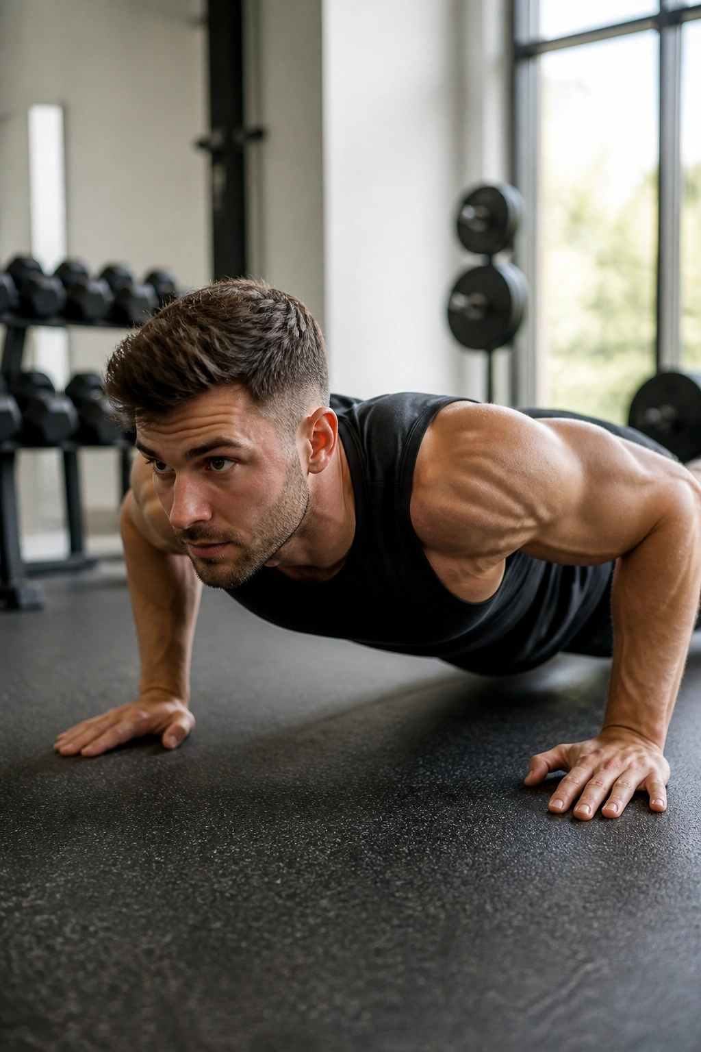Close-up of a person performing a controlled push-up to illustrate progression