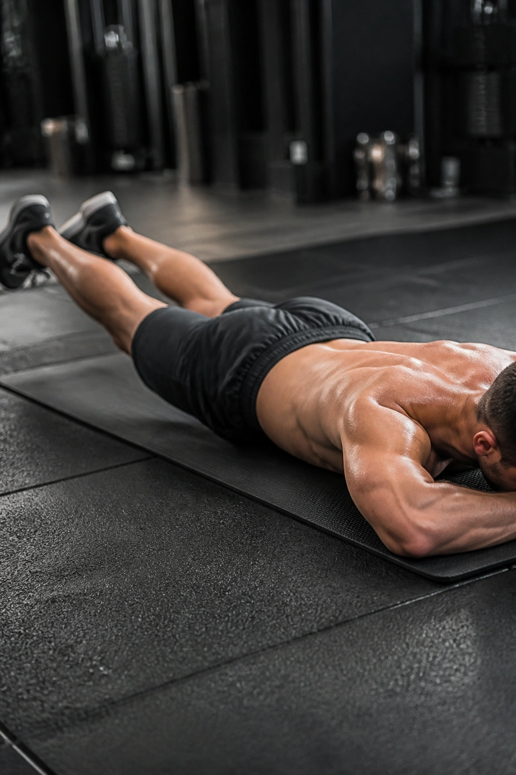 Real person performing prone flutter kicks on a gym mat