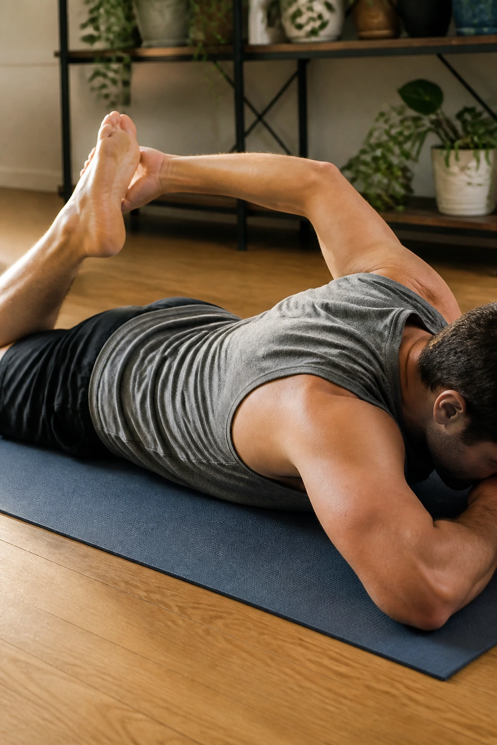 Person lying on stomach performing prone quad stretch reaching for ankle