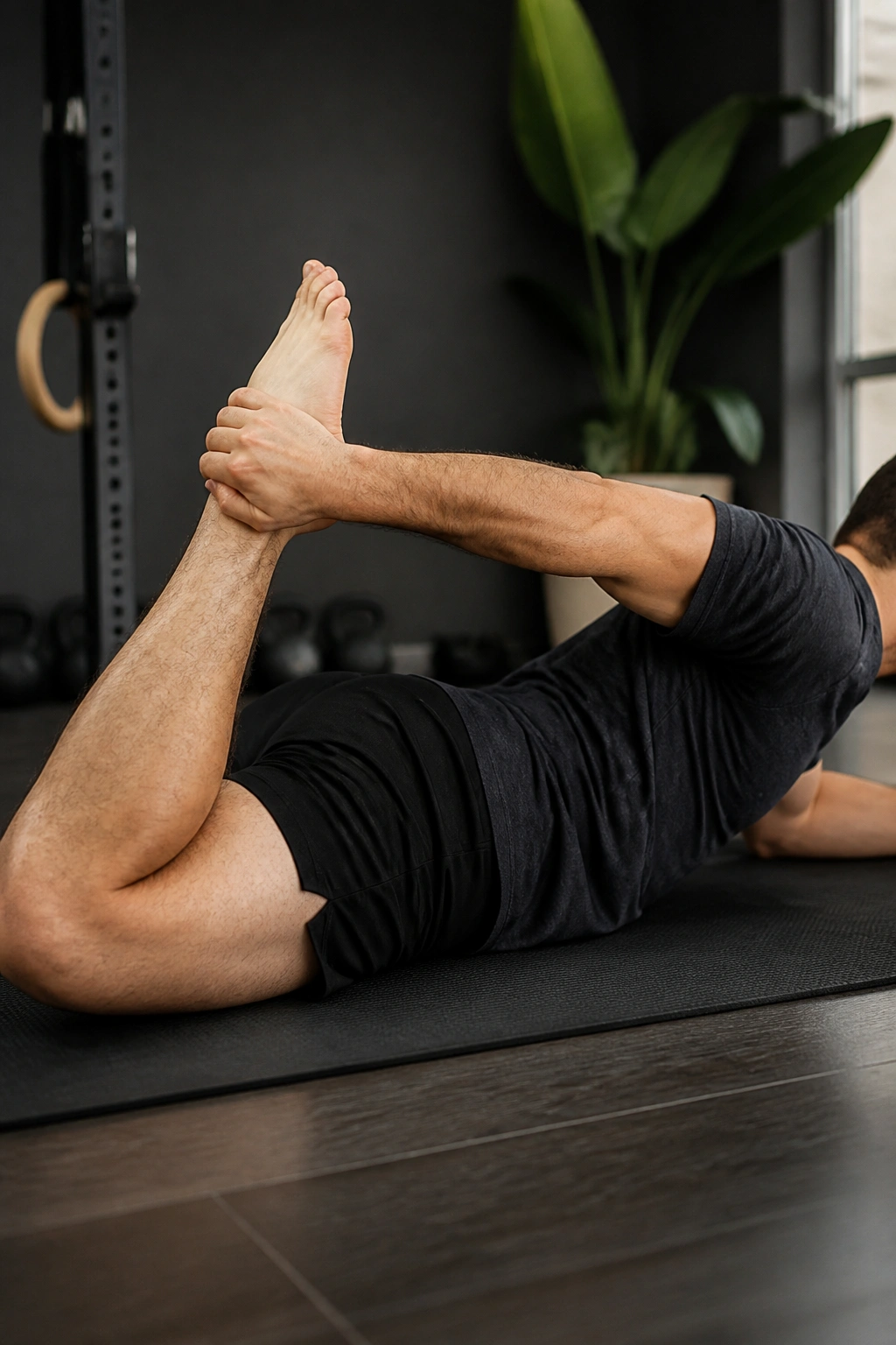 Prone quad stretch with tuck focusing on rectus femoris