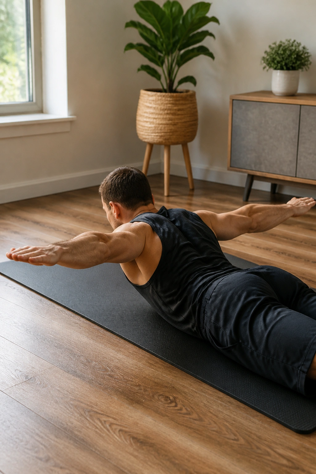 Person performing prone T raises on a mat with arms in a T shape.