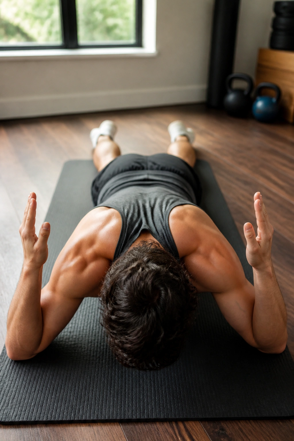 Person performing prone W raises on a mat with elbows bent.