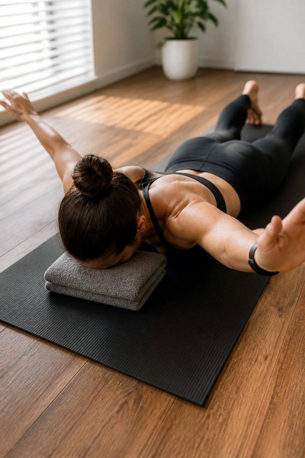 Close-up of a person performing prone Y-T-W shoulder combo on a mat
